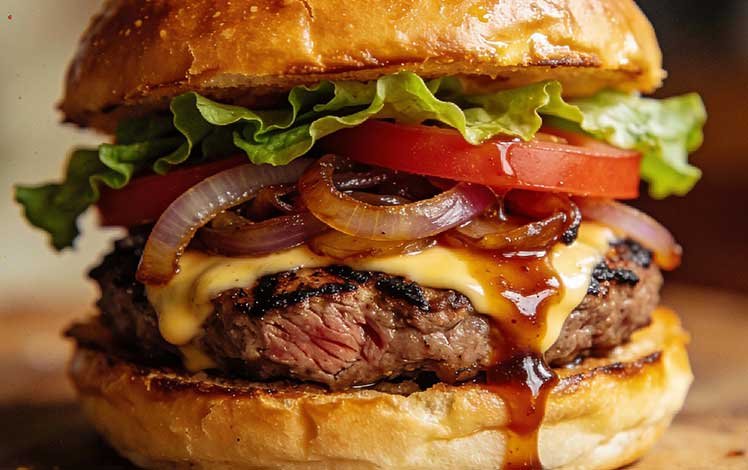 Hambúrguer artesanal com molho cremoso sendo espalhado, representando o processo de preparo.