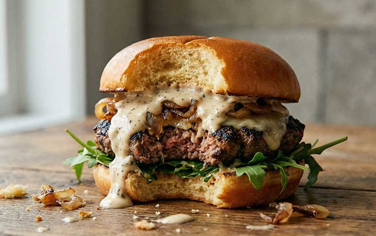 Hambúrguer artesanal com molho pesado, representando molho que enjoa com o tempo