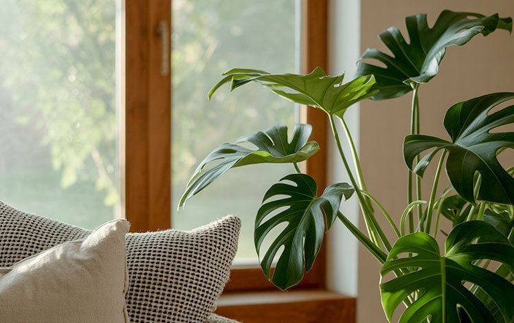 Planta em ambiente doméstico iluminado, representando cuidado simples e leveza na casa