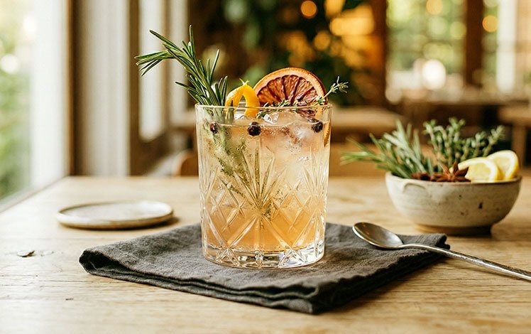 Drink sem álcool sofisticado servido em copo de cristal com ervas e frutas cítricas, em ambiente elegante e minimalista.