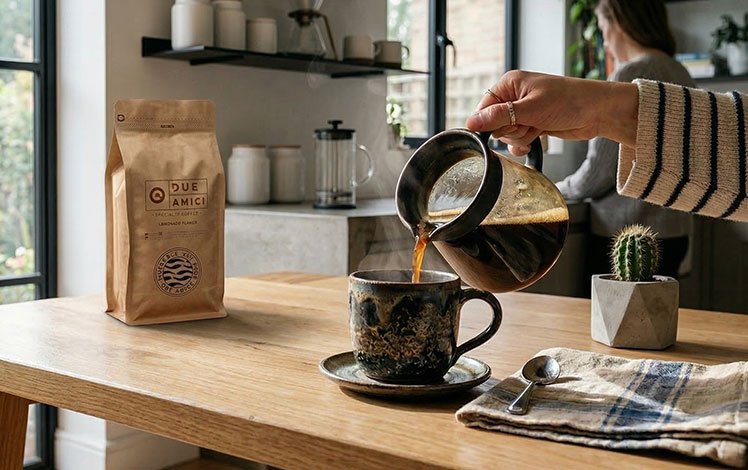 xícara de café sendo preparada em cozinha com luz natural