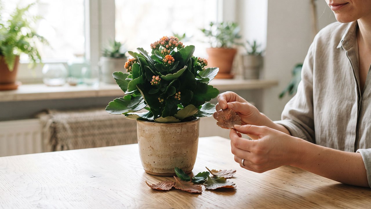 Folhas da Kalanchoe caindo ao lado do vaso enquanto a planta é examinada