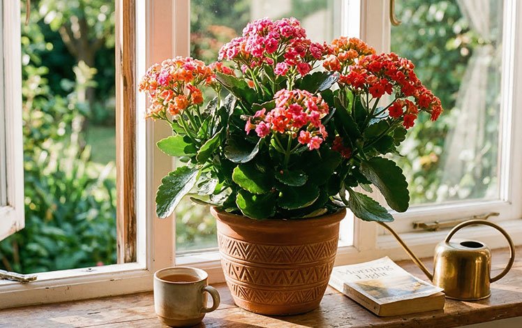 kalanchoe plant with vibrant flowers receiving soft morning sunlight near a window, indoor gardening scene, bright natural light, realistic botanical photography