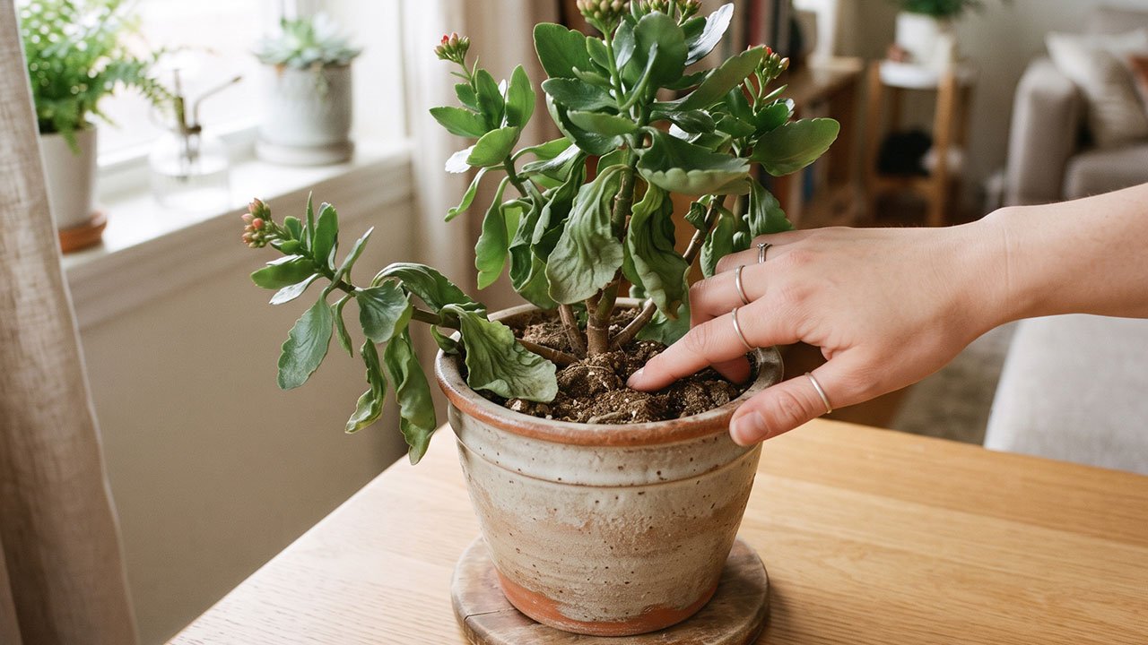 Pessoa verificando o substrato de uma Kalanchoe com folhas murchas antes de regar.