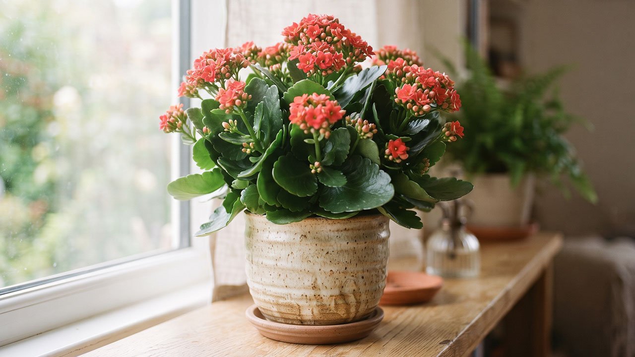 Kalanchoe florida próxima a uma janela com luz natural intensa e filtrada.