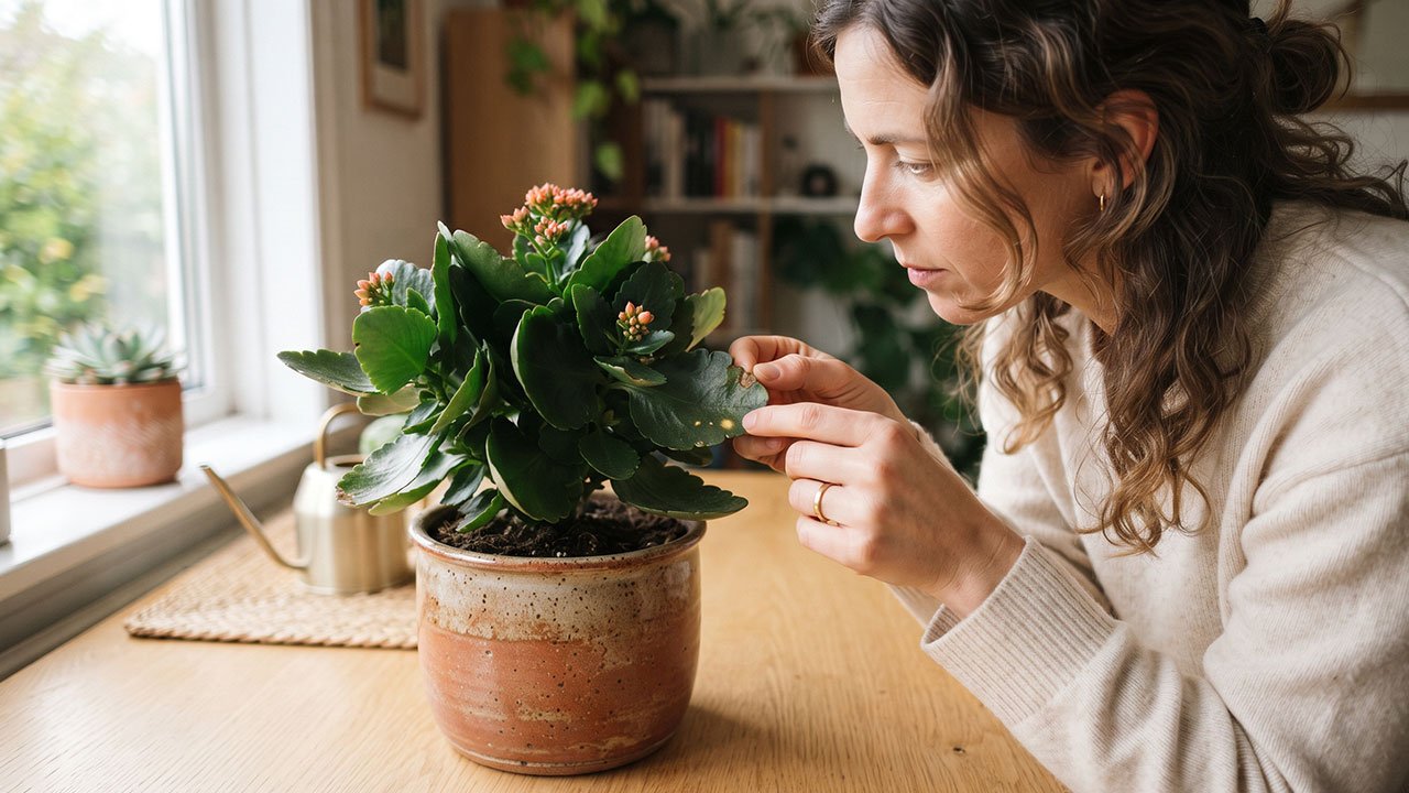 Kalanchoe com manchas marrons, amareladas e esbranquiçadas nas folhas sendo examinada