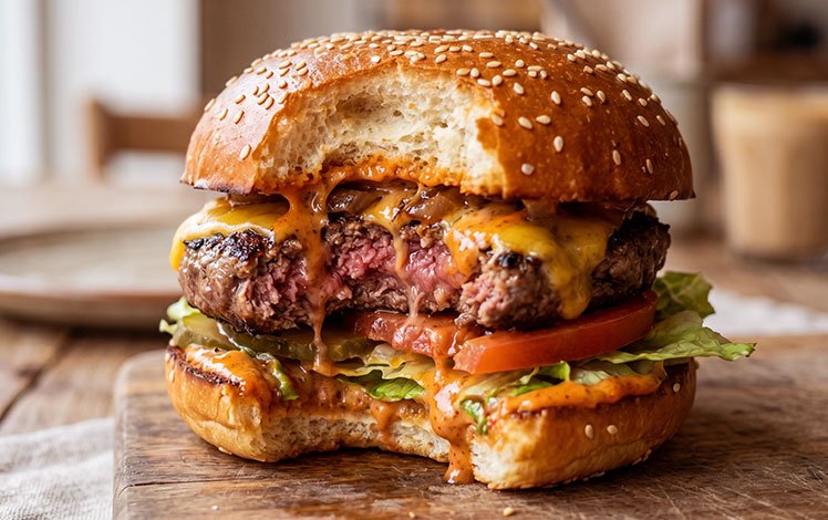 Hambúrguer artesanal com molho equilibrado destacando suculência e camadas.