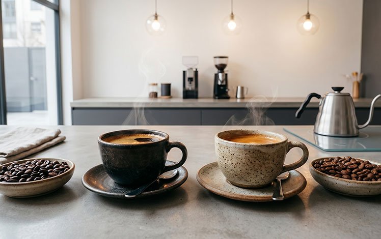 duas xícaras mostrando diferença entre café forte e café suave com grãos de torra clara e escura
