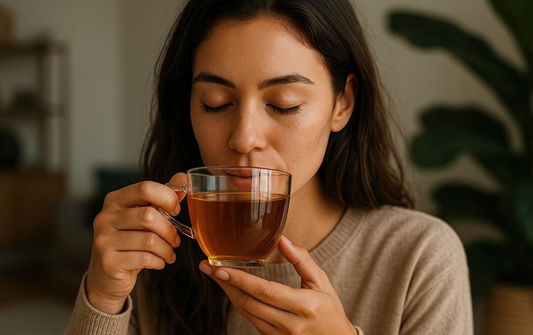 xícara de chá relaxante em ambiente aconchegante para aliviar o estresse