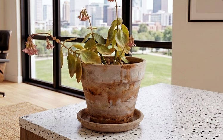 kalanchoe enfraquecida mostrando sinais de excesso de água e pouca luminosidade