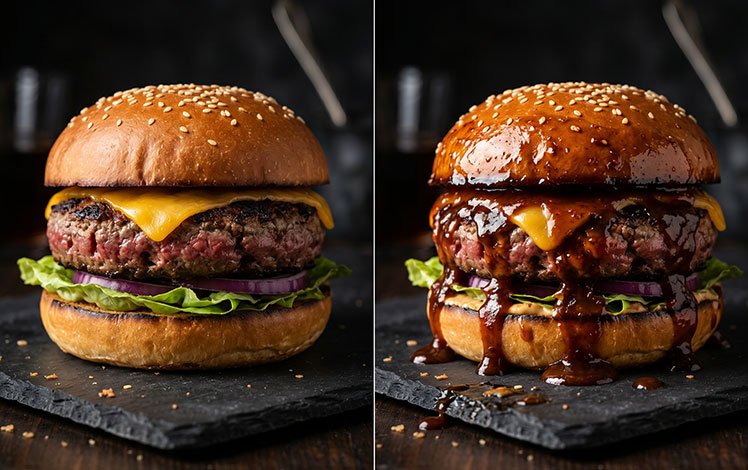 comparação hambúrguer com molho e sem molho mostrando diferença de sabor visual
