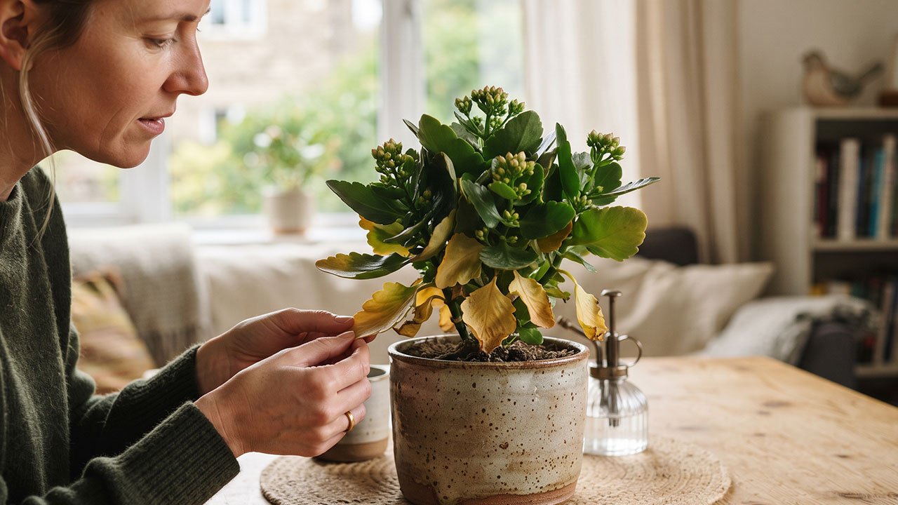Kalanchoe com folhas inferiores amarelas sendo examinada