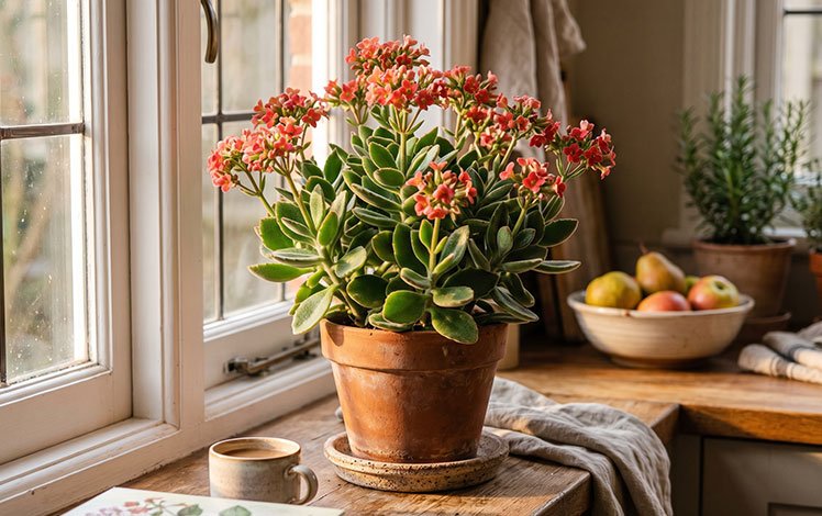 kalanchoe recebendo sol suave da manhã em ambiente iluminado