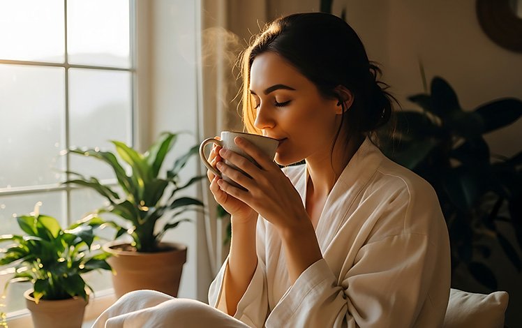 xícara de chá quente em ambiente aconchegante transmitindo relaxamento