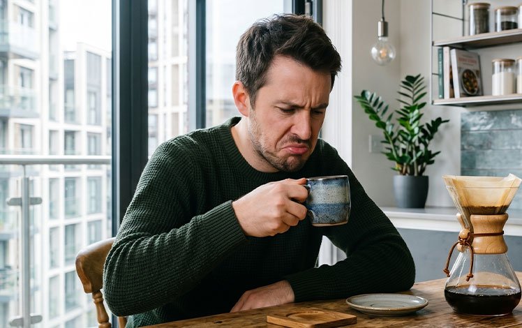 pessoa percebendo gosto ruim no café durante o preparo caseiro