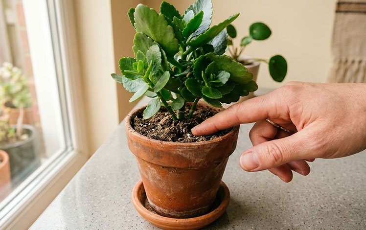 kalanchoe sendo regada com solo seco em vaso dentro de casa