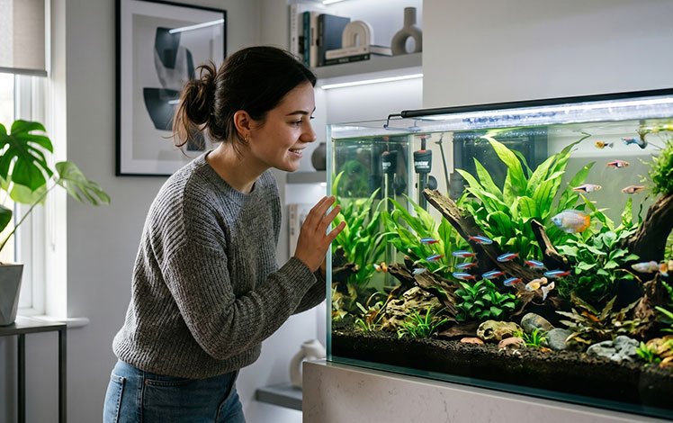 aquário doméstico equilibrado mostrando quantidade adequada de peixes