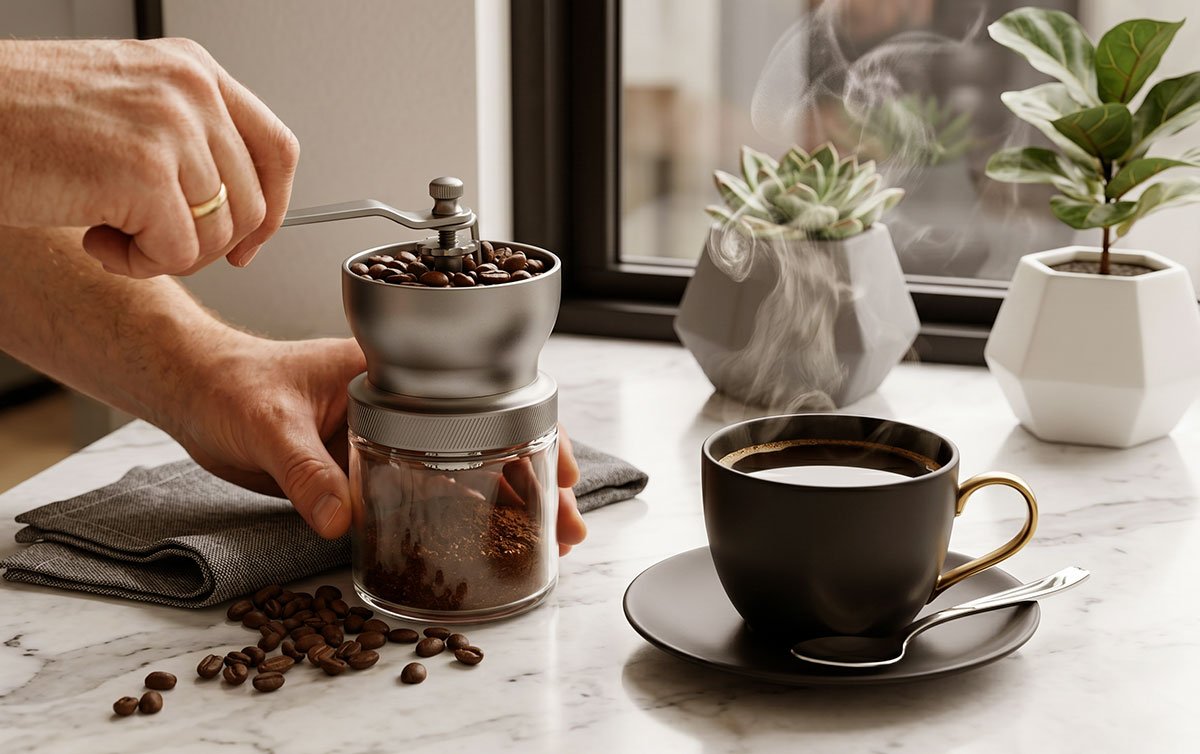 Café recém-moído liberando aroma intenso durante o preparo em ambiente aconchegante.