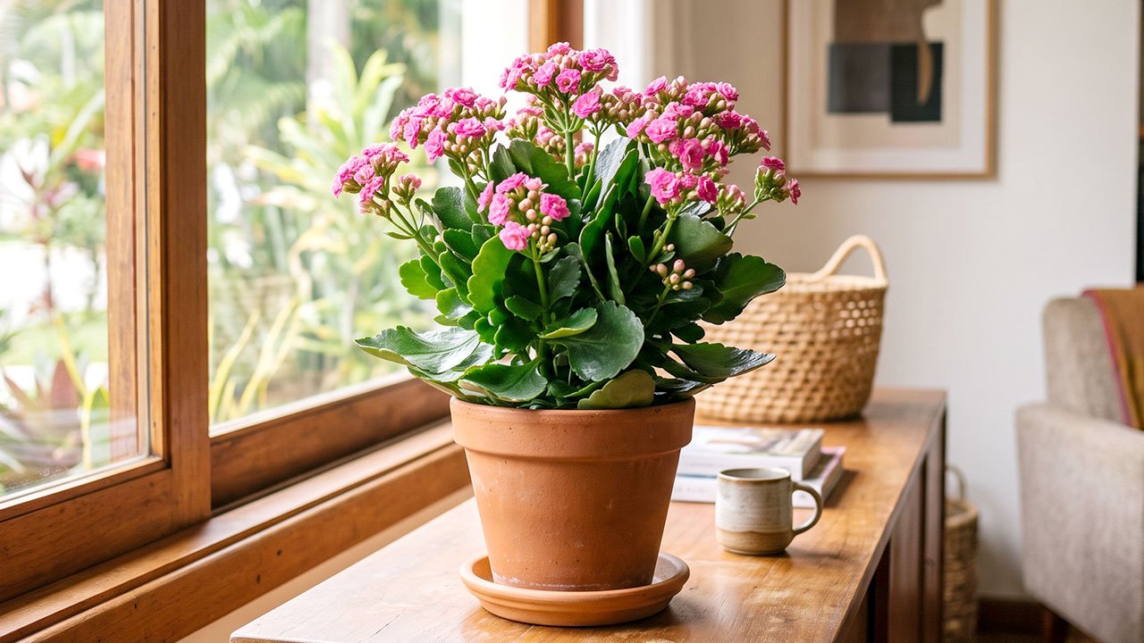 Kalanchoe florida em vaso próximo a uma janela dentro de casa