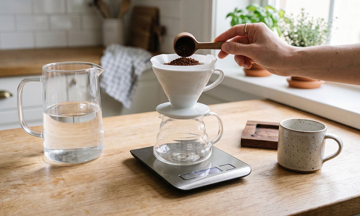 Café moído e água sendo medidos para ajustar a proporção do preparo