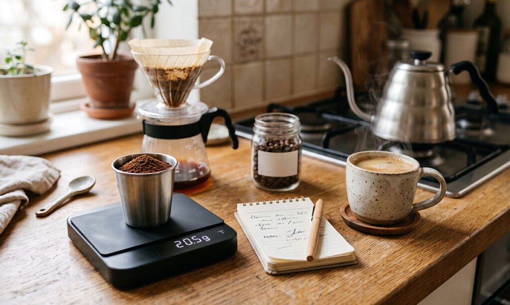 Teste de proporção de café e água em preparo doméstico