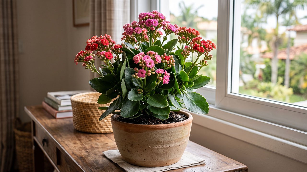 Kalanchoe saudável e florida cultivada em vaso dentro de casa