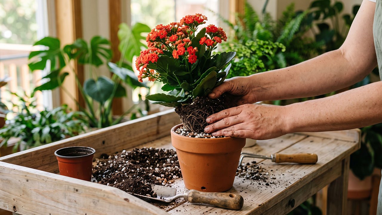 Kalanchoe sendo replantada em vaso com substrato bem drenado