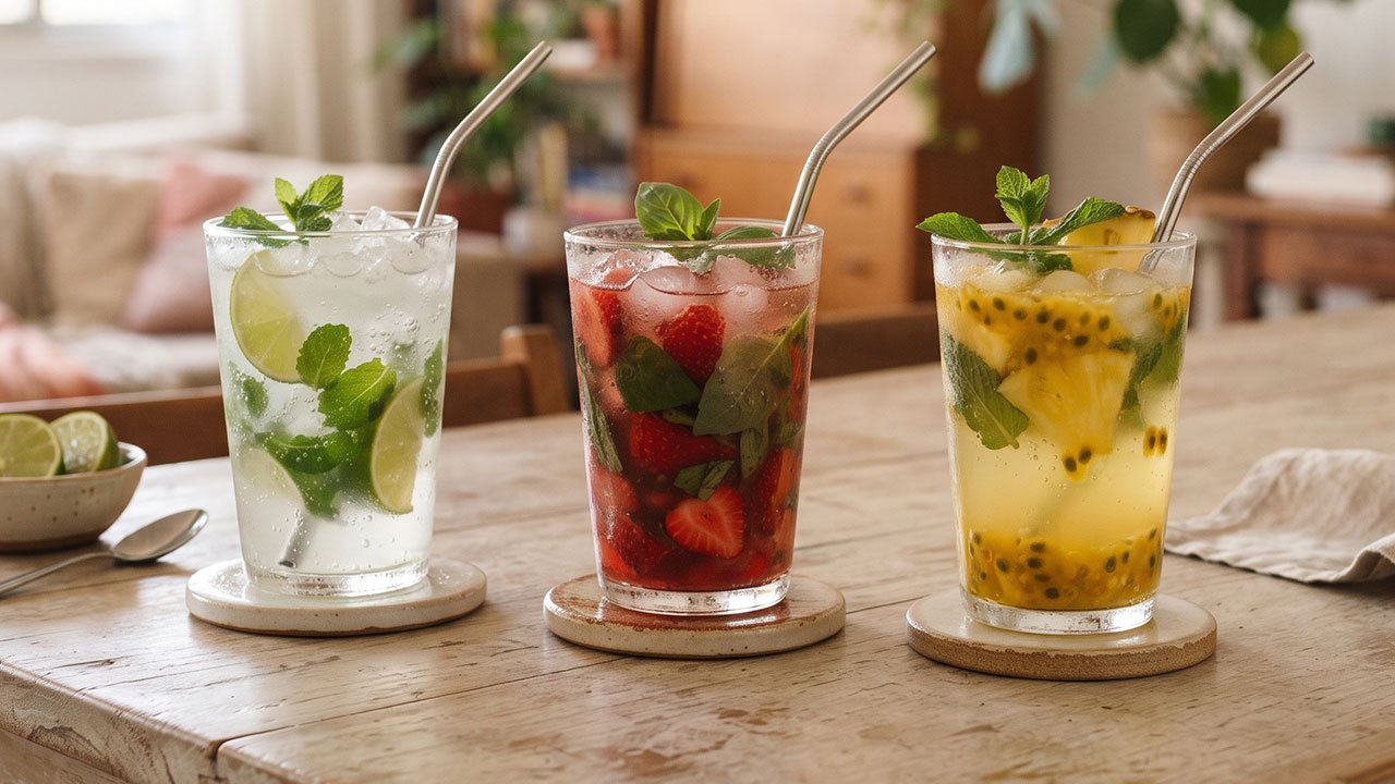 Drinks sem álcool preparados com frutas, gelo e ervas frescas