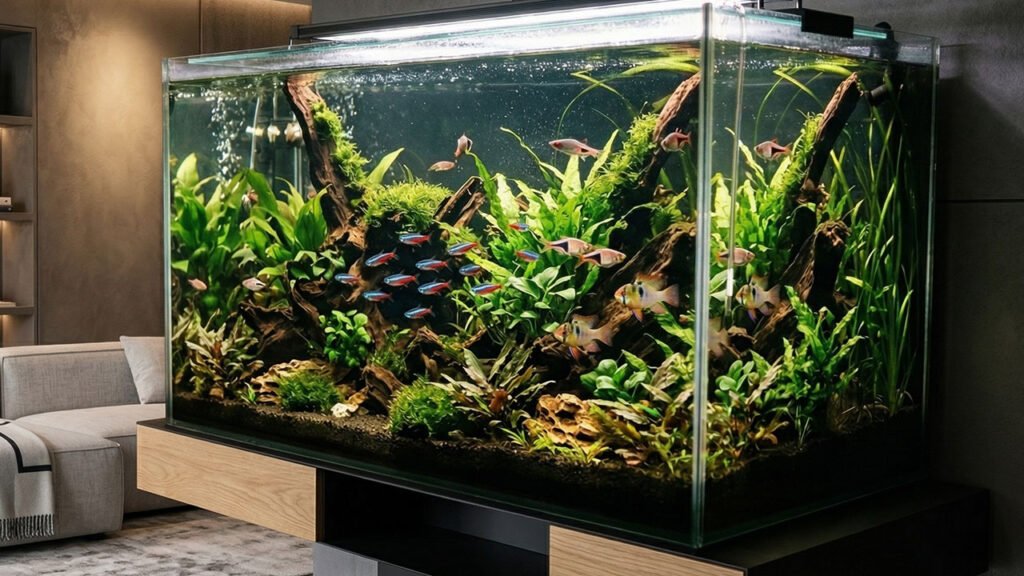 Aquário de água doce para iniciantes com plantas e peixes tropicais