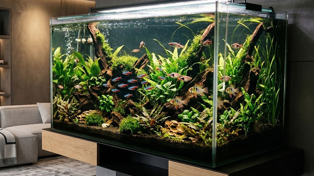 Aquário de água doce para iniciantes com plantas e peixes tropicais