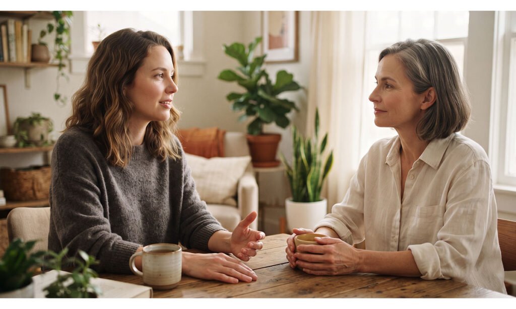 Conversa respeitosa entre duas mulheres sobre limites pessoais