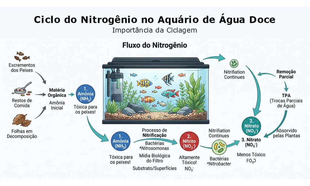 Ciclo do nitrogênio mostrando amônia, nitrito e nitrato no aquário