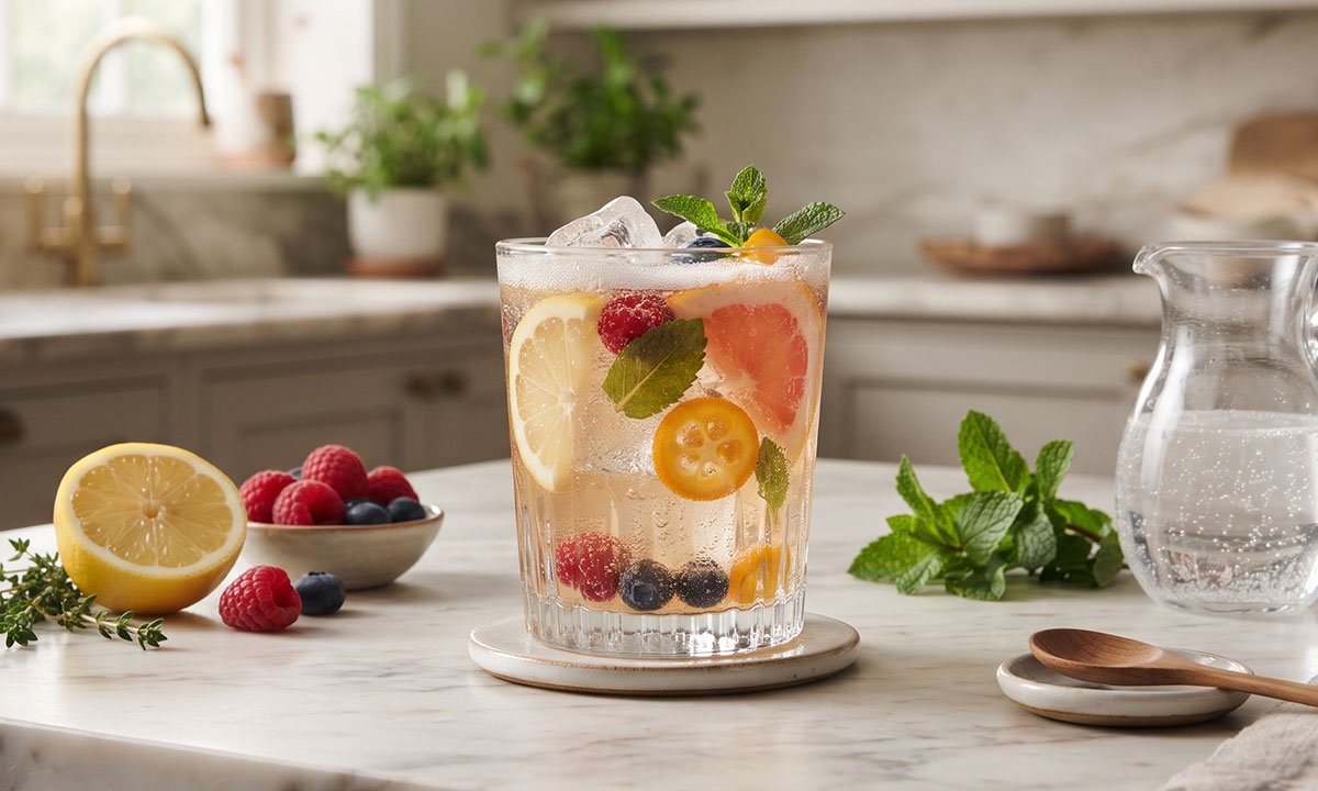 Drink sem álcool com cítricos, frutas, ervas e gelo preparado para equilibrar acidez, doçura e aroma.
