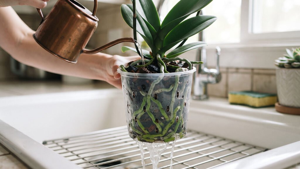 Orquídea Phalaenopsis sendo regada com água escorrendo pelo vaso