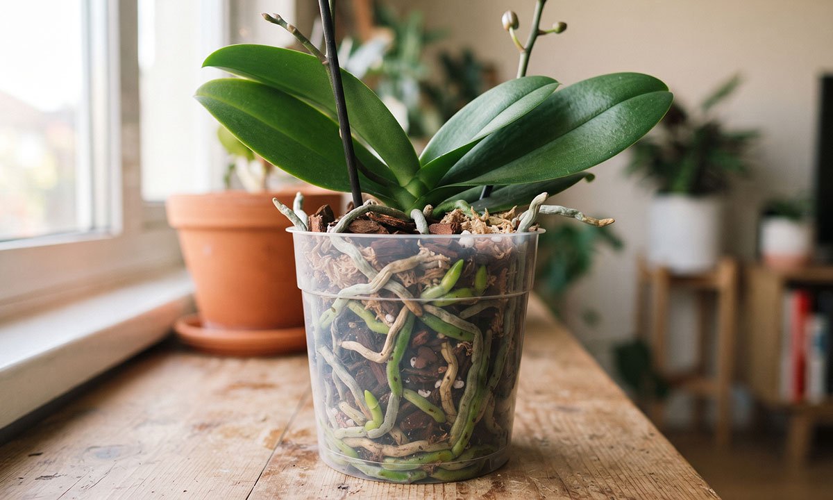Raízes saudáveis de uma orquídea Phalaenopsis em vaso transparente