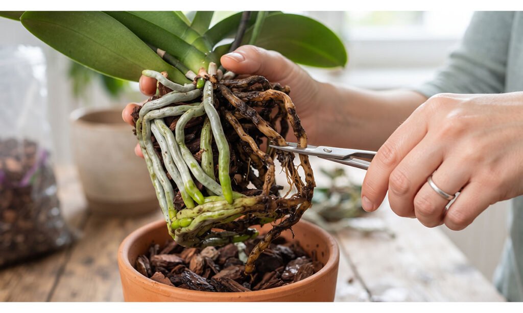Comparação entre raízes saudáveis e raízes deterioradas de uma orquídea