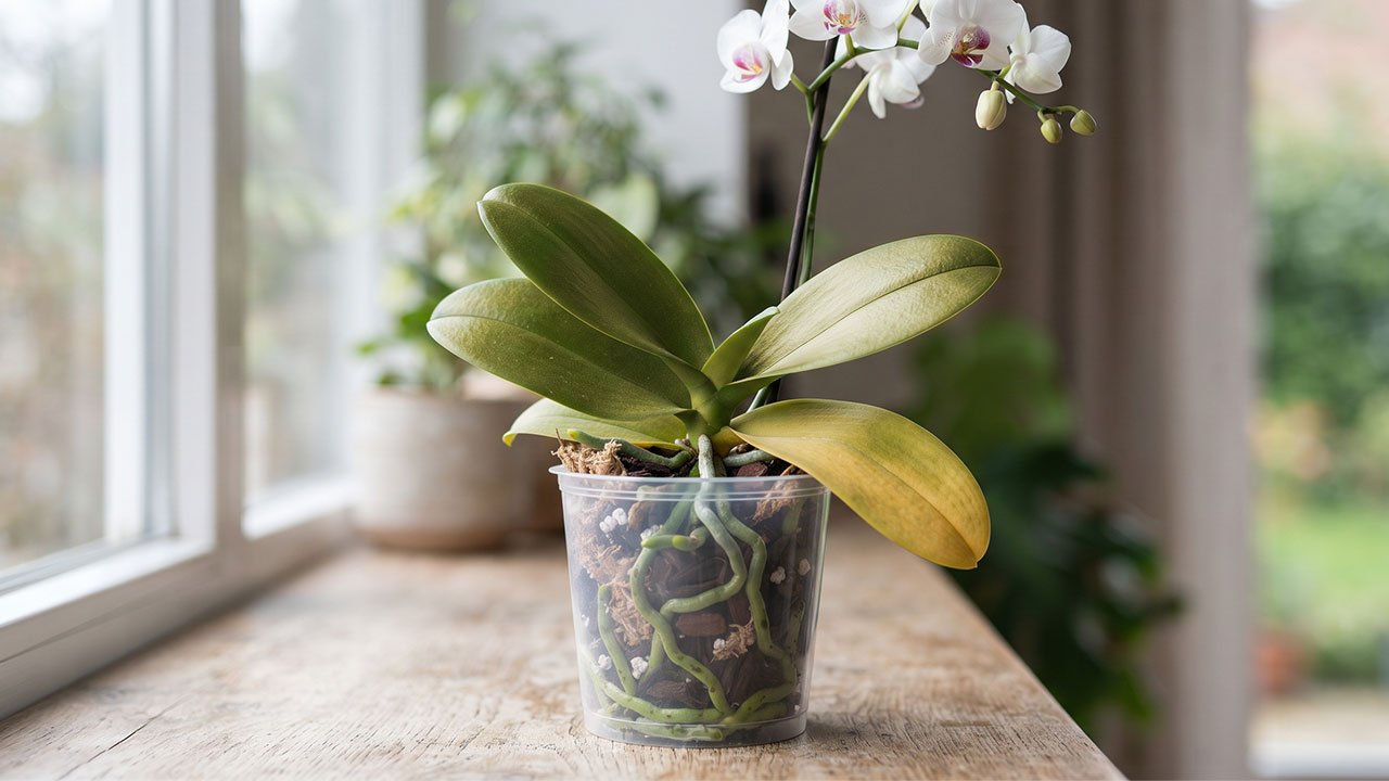Orquídea Phalaenopsis com folhas verdes e uma folha inferior amarelando em vaso transparente.