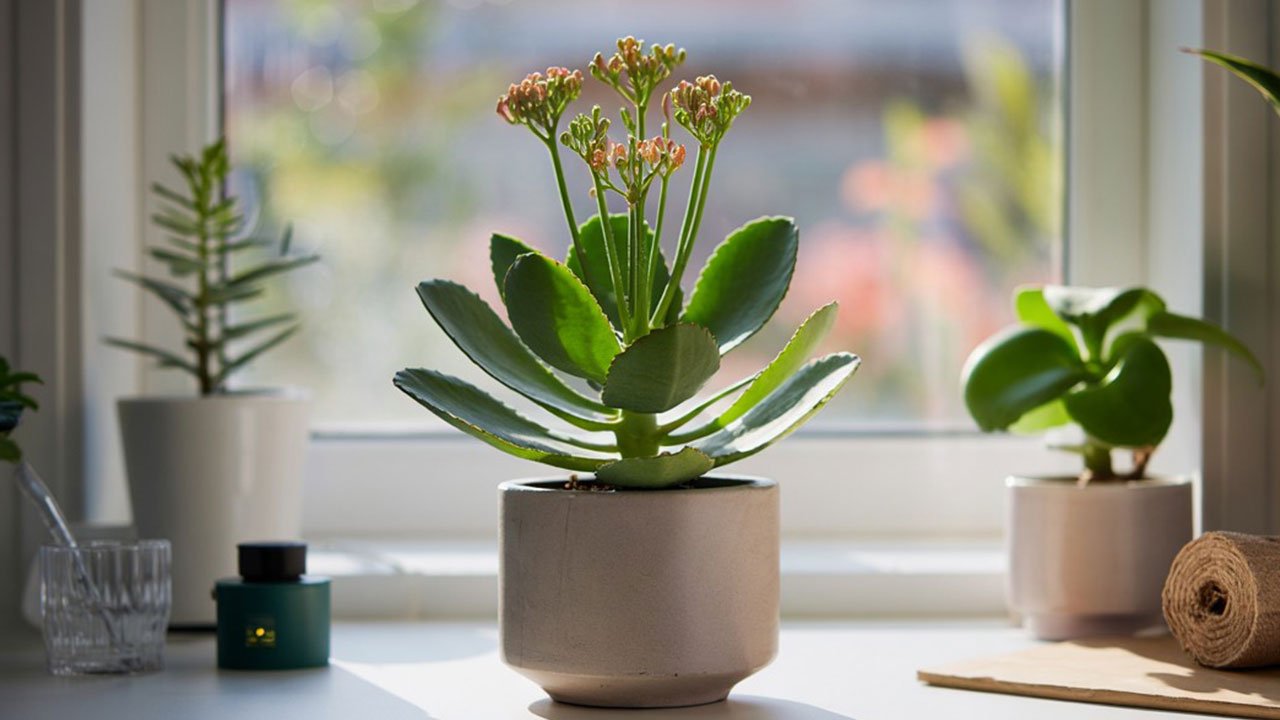 Kalanchoe saudável em vaso sem flores em ambiente doméstico iluminado.