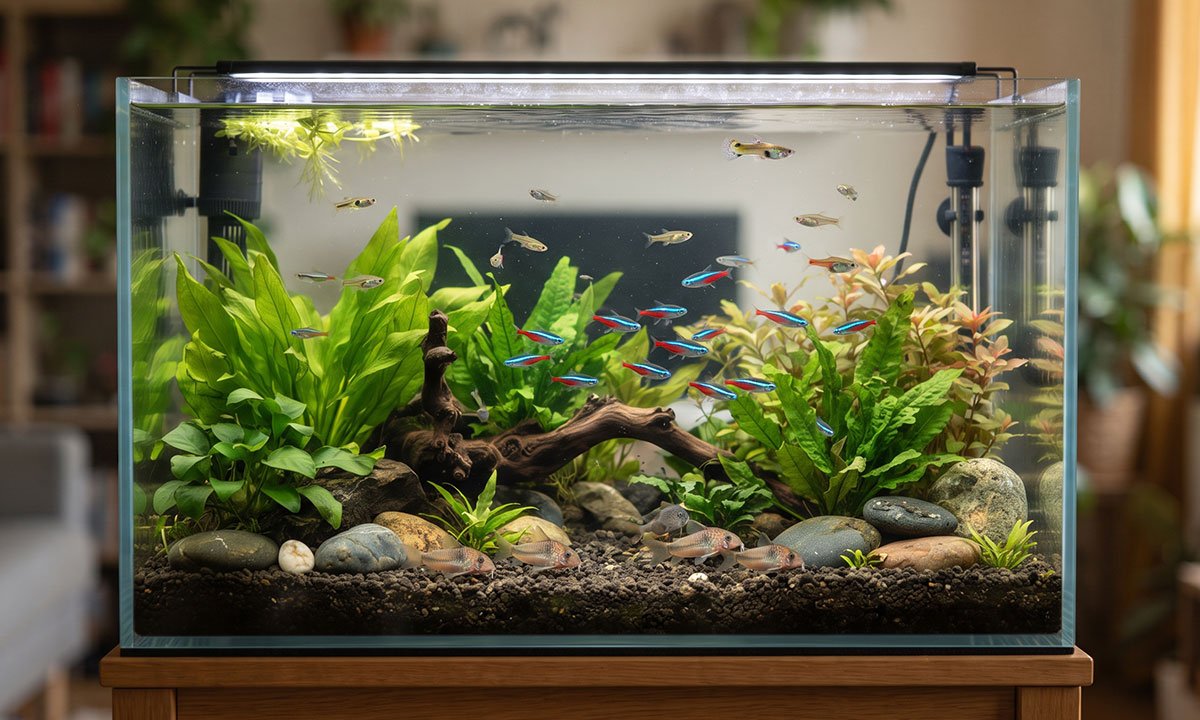 Peixes tropicais de água doce em aquário plantado adequado para iniciantes no aquarismo