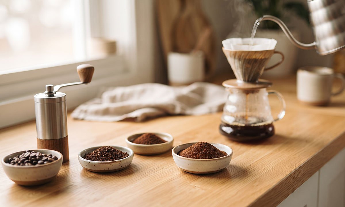 Moagem média de café ao lado de coador com filtro de papel durante o preparo de café coado