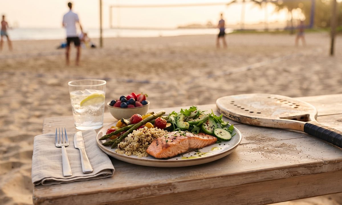 Refeição com proteína, carboidrato, vegetais e água depois de uma partida de Beach Tennis