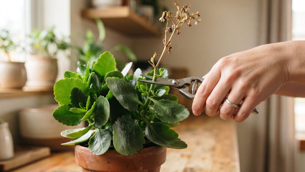 Poda de Kalanchoe com tesoura removendo uma haste floral seca
