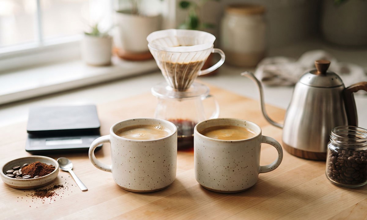 Duas xícaras de café comparadas durante o preparo com balança, moagem e método filtrado.