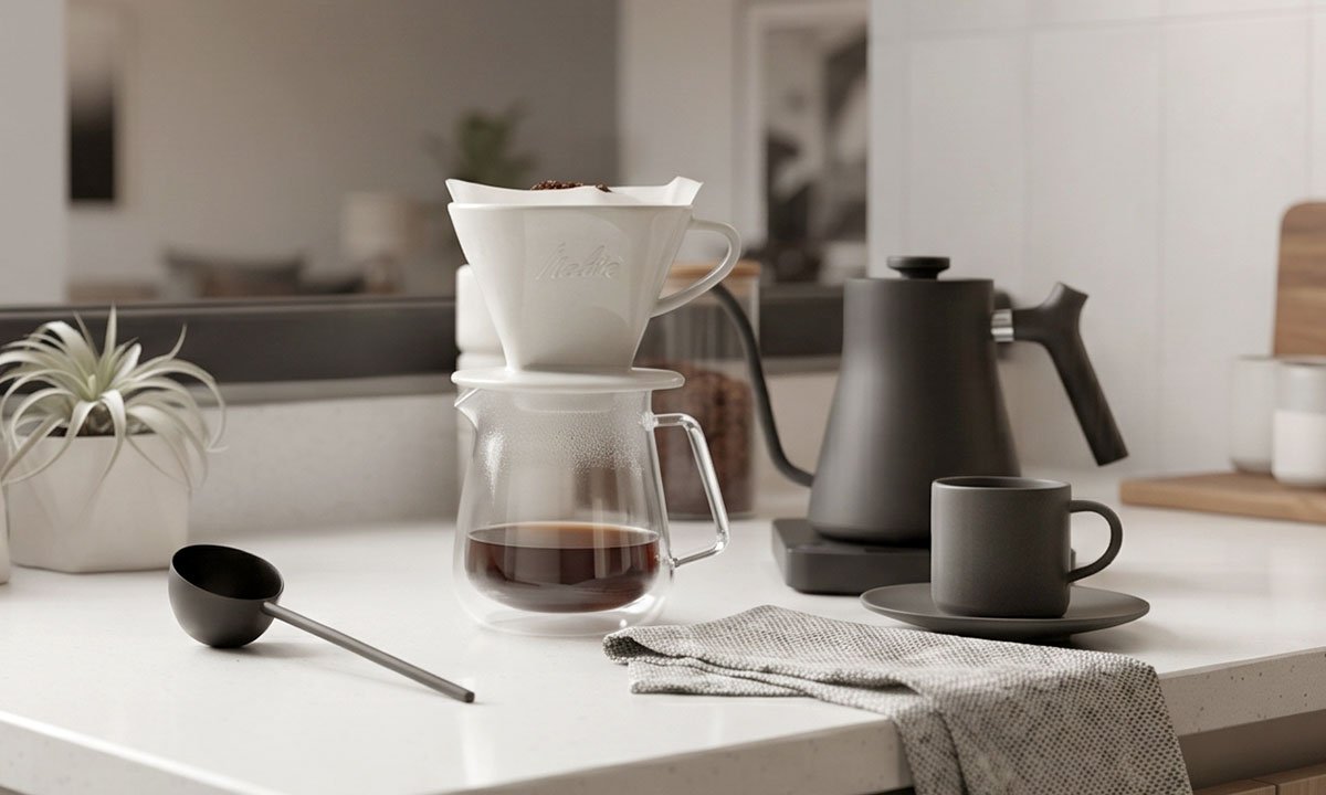 Colher com café moído ao lado de filtro para preparo de café coado
