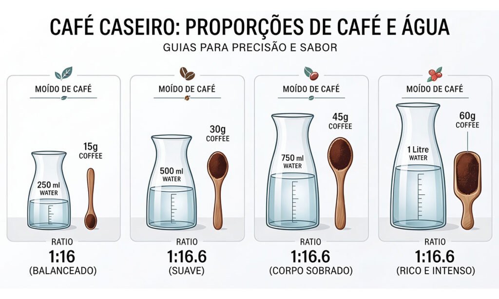 Quantidade de café indicada para diferentes volumes de água