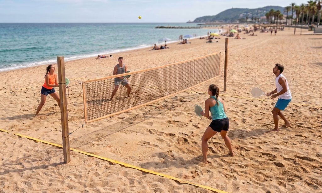 Quadra de Beach Tennis com duas duplas posicionadas para jogar