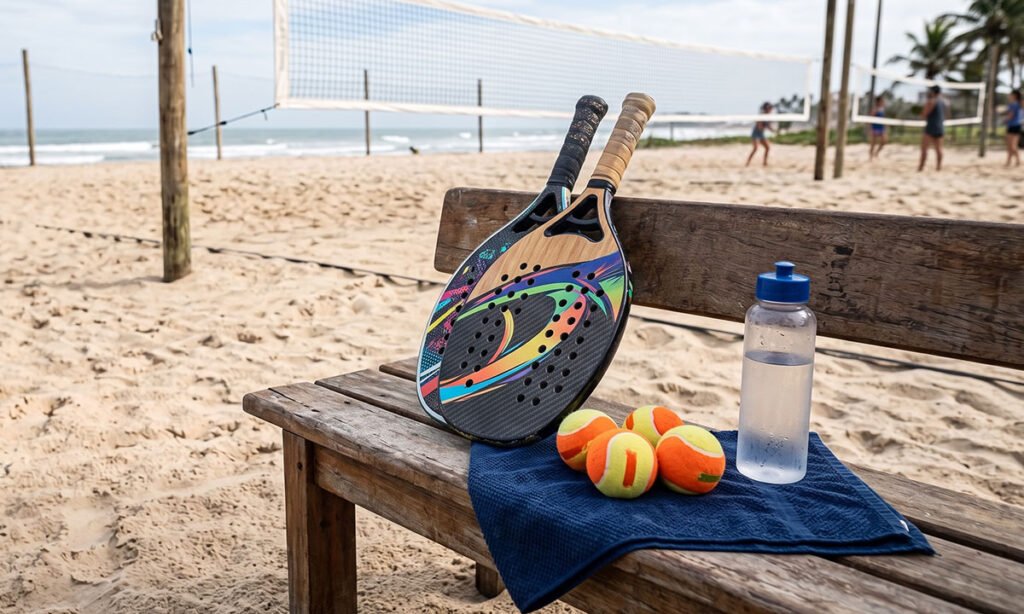 Raquetes, bolas e água preparados para uma aula de Beach Tennis
