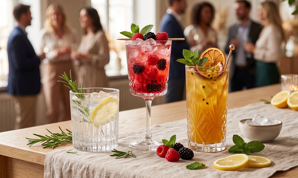 Três drinks sem álcool com frutas, ervas e apresentação sofisticada