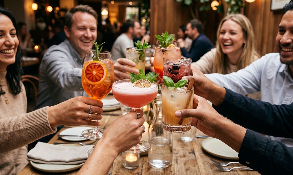Pessoas brindando com diferentes drinks sem álcool em um encontro