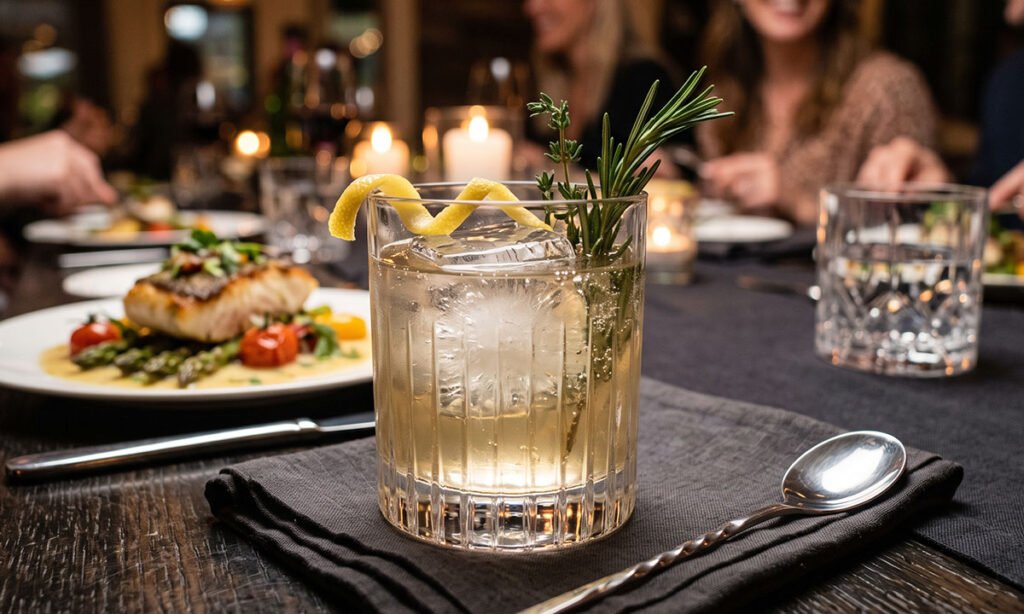 Drink sem álcool cítrico servido para acompanhar uma refeição